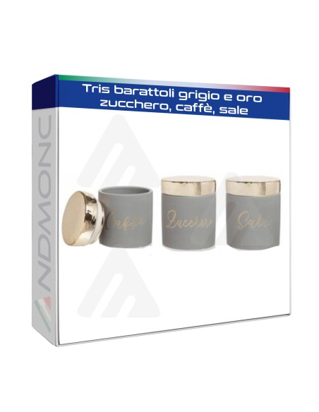 Tris barattoli grigio e oro zucchero, caffè, sale