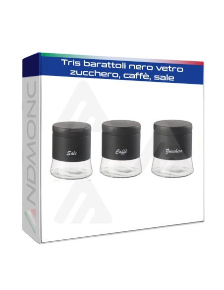 Tris barattoli nero vetro zucchero, caffè, sale
