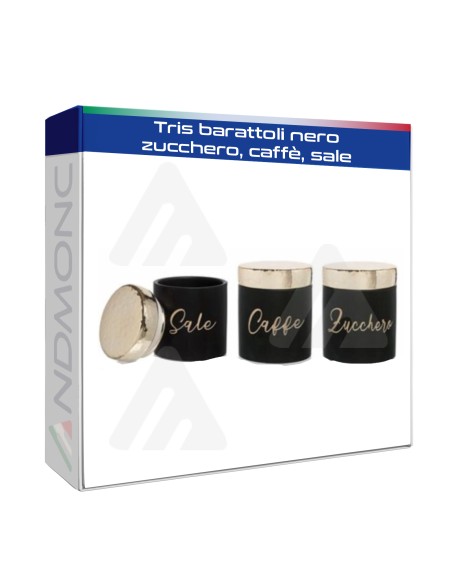 Tris barattoli nero zucchero, caffè, sale