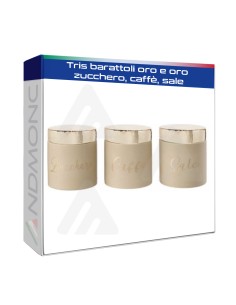 Tris barattoli oro e oro zucchero, caffè, sale