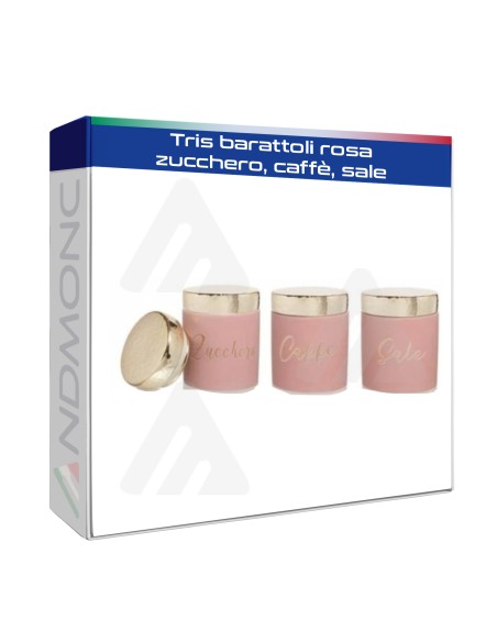 Tris barattoli rosa zucchero, caffè, sale