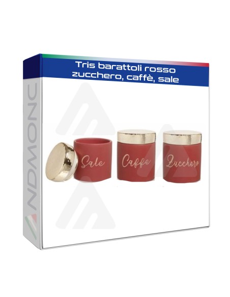 Tris barattoli rosso zucchero, caffè, sale