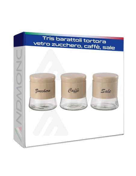 Tris barattoli tortora vetro zucchero, caffè, sale