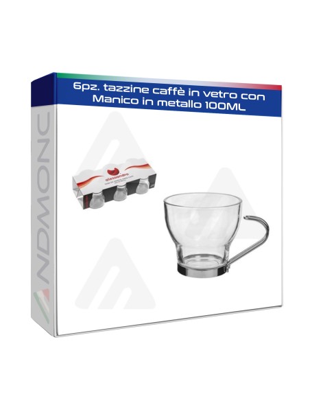 6pz. tazzine caffè in vetro con Manico in metallo 100ML