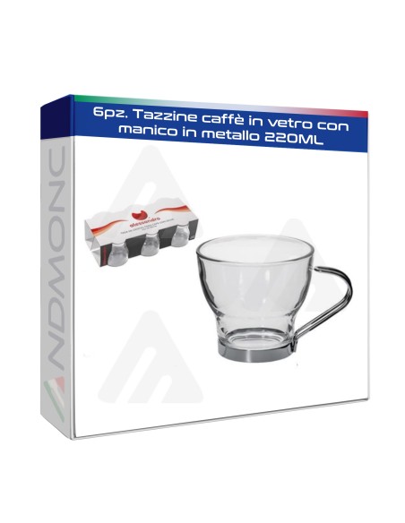 6pz. Tazzine caffè in vetro con manico in metallo 220ML