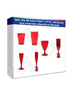 Set da 18 bicchieri vino, acqua, spumante plastica Rossi