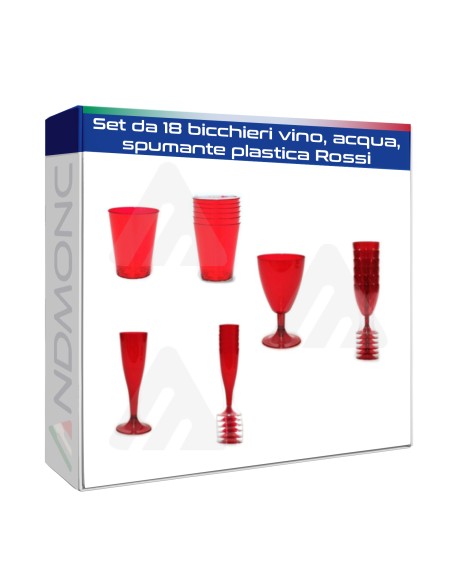 Set da 18 bicchieri vino, acqua, spumante plastica Rossi
