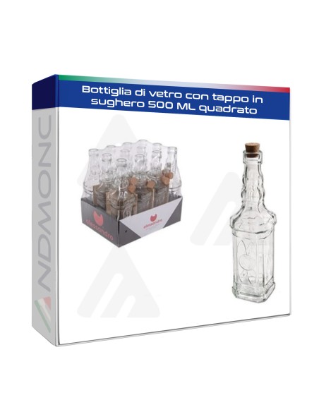 Bottiglia di vetro con tappo in sughero 500 ML quadrato