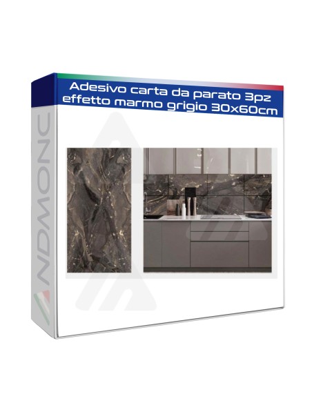 Adesivo carta da parato 3pz. effetto marmo grigio 30x60cm art.marmo