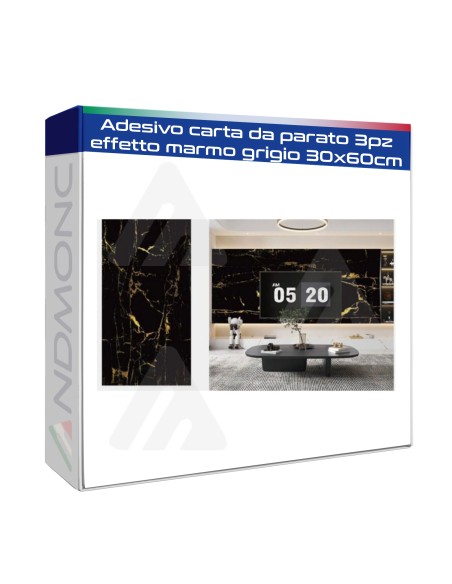 Adesivo carta da parato 3pz. effetto marmo grigio 30x60cm art.marmo oro nero