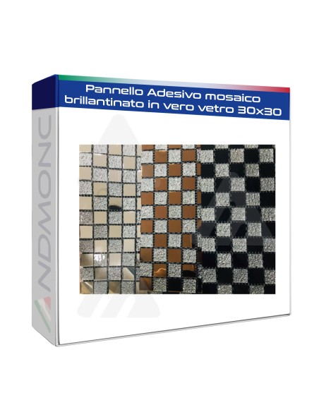 10pz. Pannello Adesivo mosaico brillantinato in vero vetro 30x30 vari colori