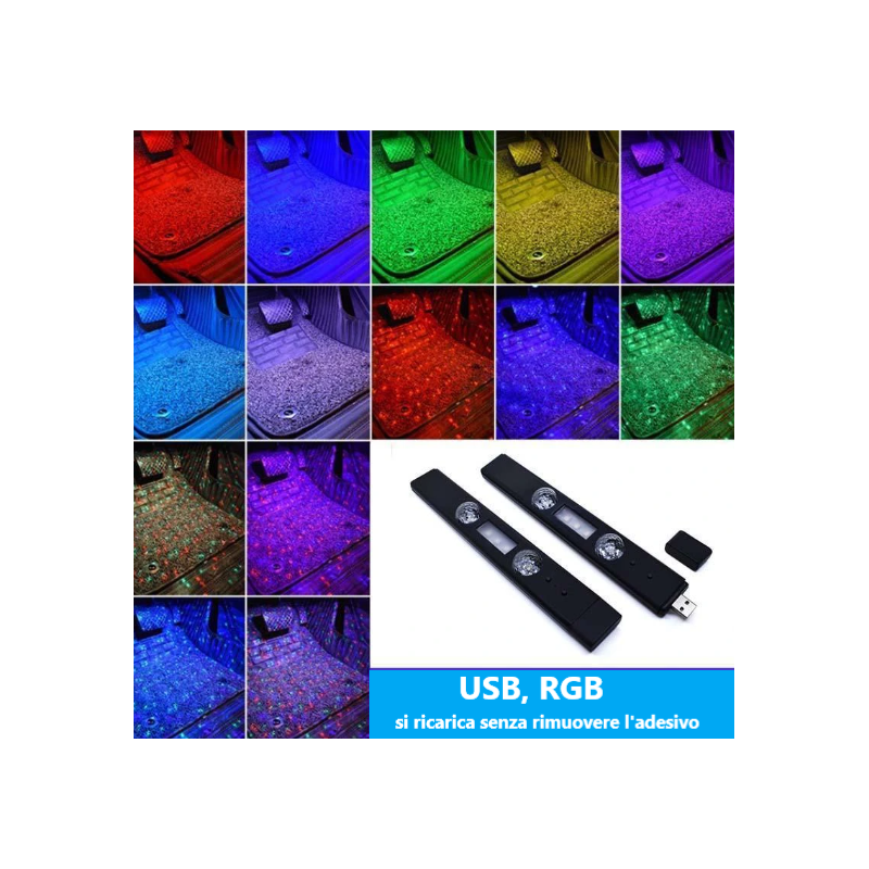 2x LED luce ambientale USB RGB senza fili Auto Rover