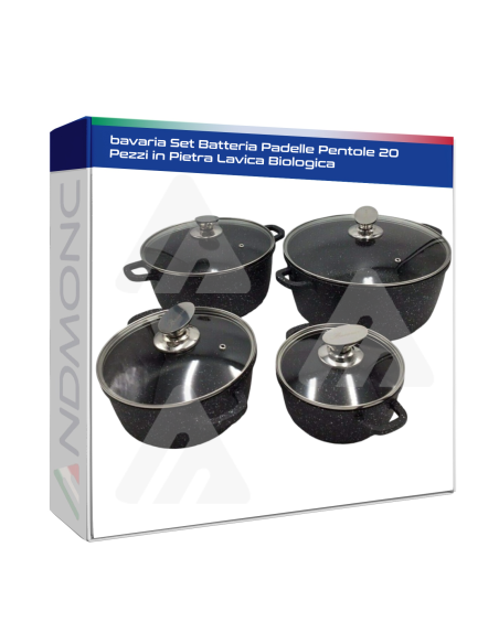bavaria Set Batteria Padelle Pentole 20 Pezzi in Pietra Lavica Biologica