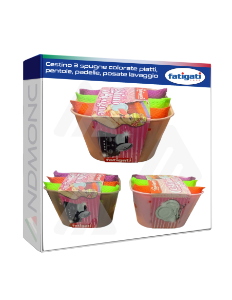 Cestino 3 spugne colorate piatti, pentole, padelle, posate lavaggio
