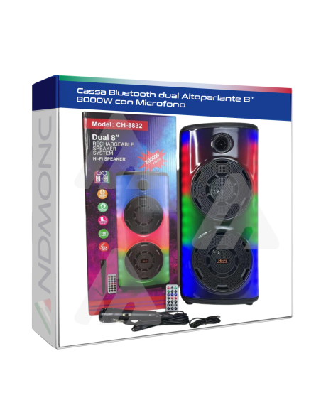 Cassa Bluetooth dual Altoparlante 8” 8000W con Microfono