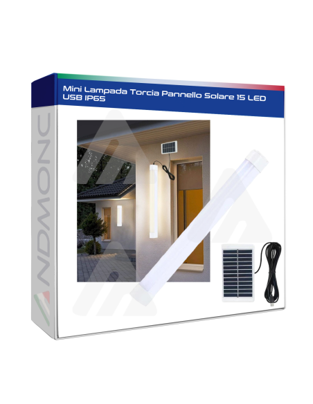 Mini Lampada Torcia Pannello Solare 15 LED USB IP65