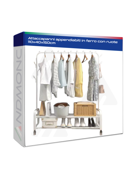 Attaccapanni appendiabiti in ferro con ruote 110x40x150cm