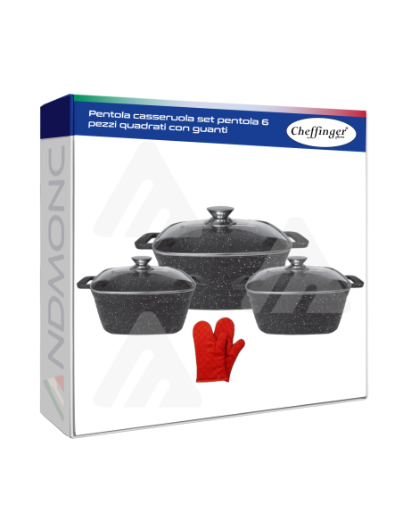 Pentola casseruola set pentola 6 pezzi quadrati con guanti Cheffinger