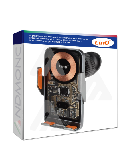 Supporto auto con caricabatterie a induzione QI proposto dal marchio LinQ, compatibile con smartphone larghi tra 6,5 e 9,6 cm