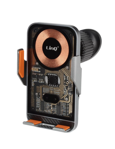 Supporto auto con caricabatterie a induzione QI proposto dal marchio LinQ, compatibile con smartphone larghi tra 6,5 e 9,6 cm