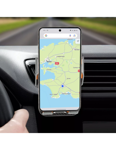 Supporto auto con caricabatterie a induzione QI proposto dal marchio LinQ, compatibile con smartphone larghi tra 6,5 e 9,6 cm