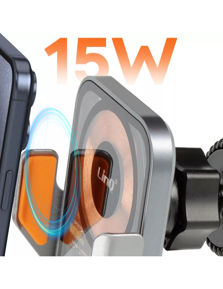 Supporto auto con caricabatterie a induzione QI proposto dal marchio LinQ, compatibile con smartphone larghi tra 6,5 e 9,6 cm