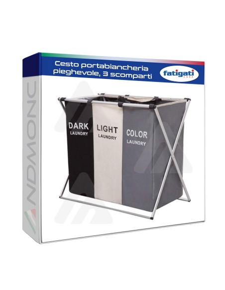 Cesto portabiancheria pieghevole, 3 scomparti, con manico, per bagno, camera da letto, casa