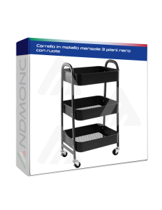 Carrello in metallo mensole 3 piani nero con ruote