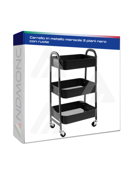 Carrello in metallo mensole 3 piani nero con ruote