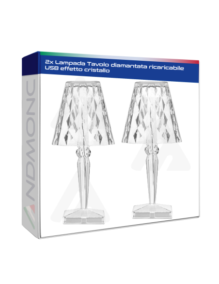 2 pezzi Lampada Tavolo diamantata ricaricabile USB effetto cristallo