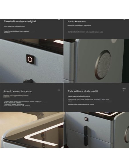 Tavolino con altoparlante Bluetooth , comodino intelligente, con stazione di ricarica wireless e luce, con cassetti GRIGIO Scuro