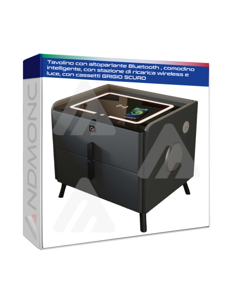 Tavolino con altoparlante Bluetooth , comodino intelligente, con stazione di ricarica wireless e luce, con cassetti GRIGIO Scuro