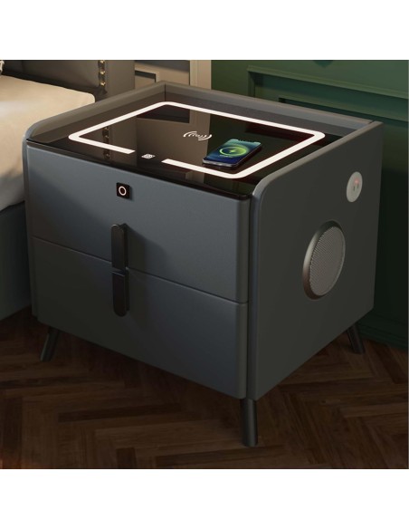 Tavolino con altoparlante Bluetooth , comodino intelligente, con stazione di ricarica wireless e luce, con cassetti GRIGIO Scuro