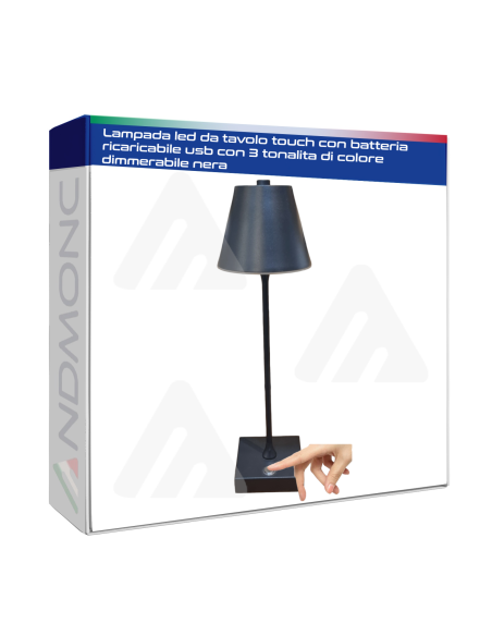 Lampada led da tavolo touch con batteria ricaricabile usb con 3 tonalita di colore dimmerabile nera
