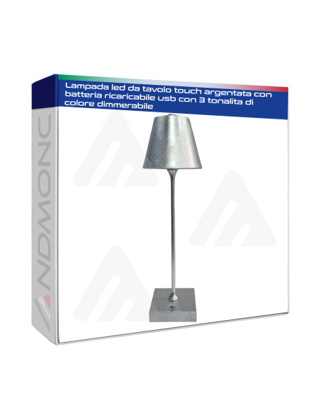 Lampada led da tavolo touch argentata con batteria ricaricabile usb con 3 tonalita di colore dimmerabile