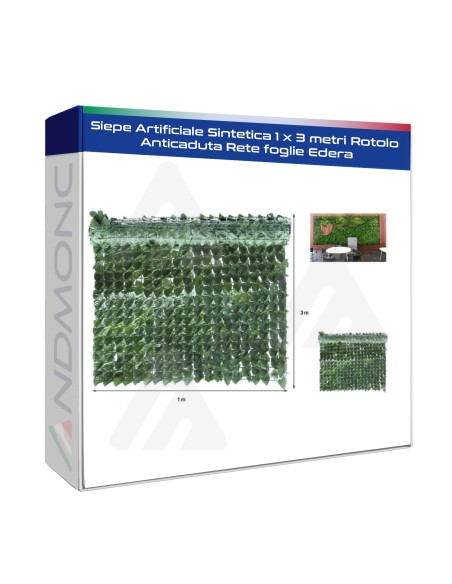 Siepe Artificiale Sintetica 1 x 3 metri Rotolo Anticaduta Rete foglie Edera