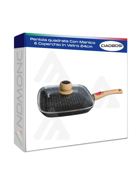 Pentola quadrata Con Manico E Coperchio in Vetro 24cm