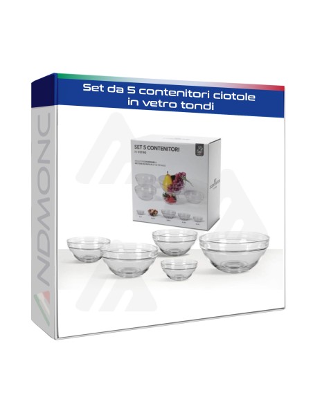 Set da 5 contenitori ciotole in vetro tondi