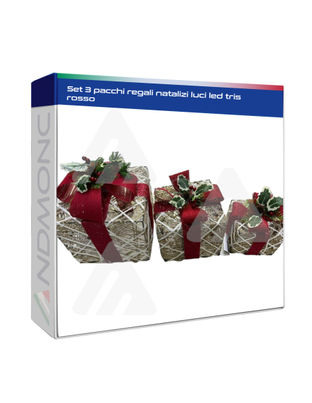 Set 3 pacchi regali natalizi luci led tris rosso