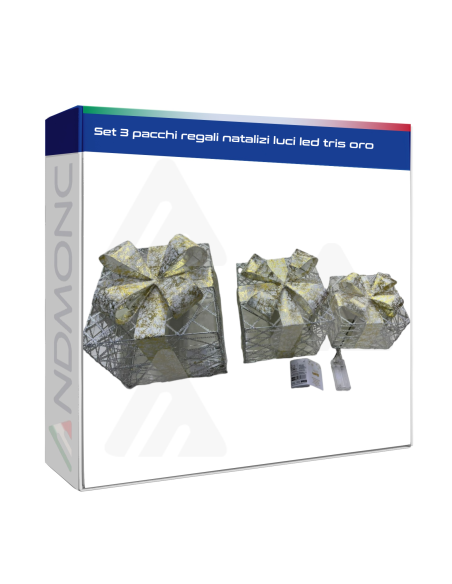 Set 3 pacchi regali natalizi luci led tris oro