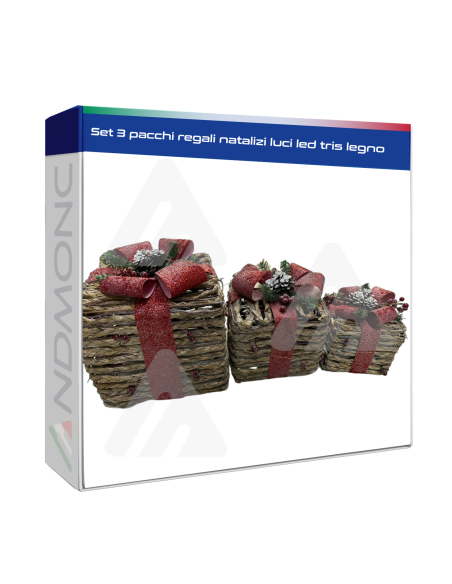 Set 3 pacchi regali natalizi luci led tris legno