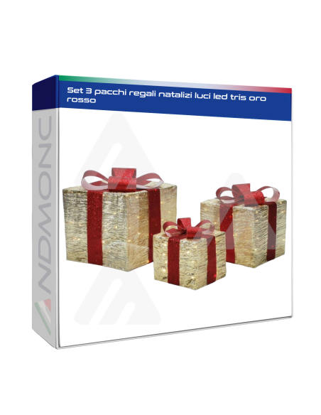 Set 3 pacchi regali natalizi luci led tris oro rosso