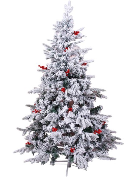 Albero di Natale Artificiale con Rami Spessi Innevato 150cm bacche rosse