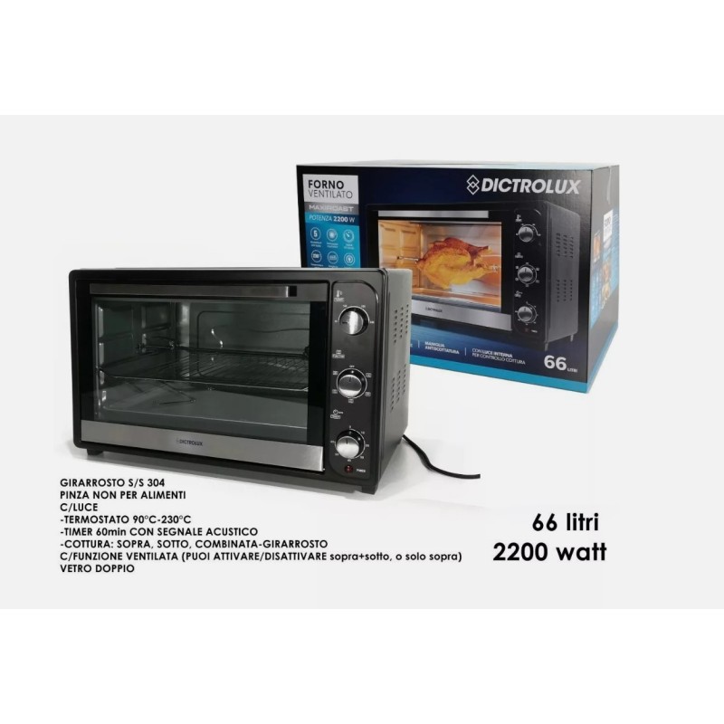 Forno elettrico ventilato 66 litri 2200 Watt...