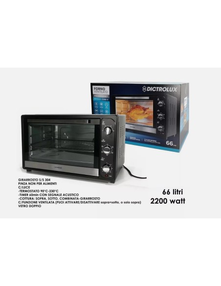 Forno elettrico ventilato 66 litri 2200 Watt con timer e griglia