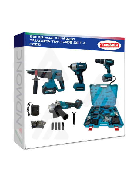 Set Attrezzi A Batteria TMAKOTA TM-TS406 SET 4 PEZZI Trapano, martello tassellatore, smerigliatrice, avvitatore