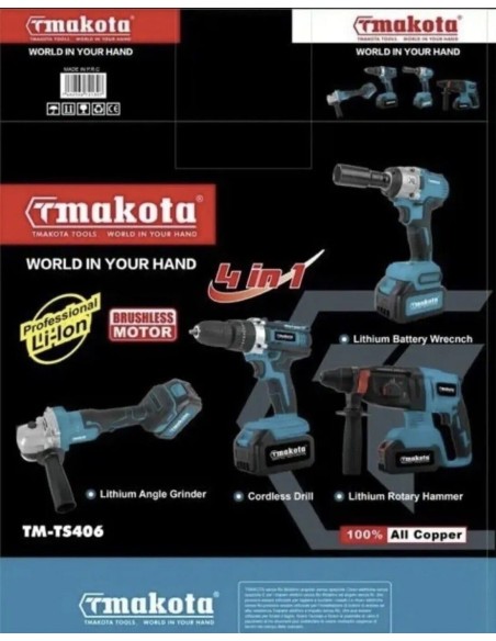 Set Attrezzi A Batteria TMAKOTA TM-TS406 SET 4 PEZZI Trapano, martello tassellatore, smerigliatrice, avvitatore