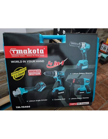 Set Attrezzi A Batteria TMAKOTA TM-TS406 SET 4 PEZZI Trapano, martello tassellatore, smerigliatrice, avvitatore