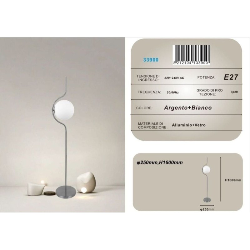 Lampada da terra argento con sfera in vetro...