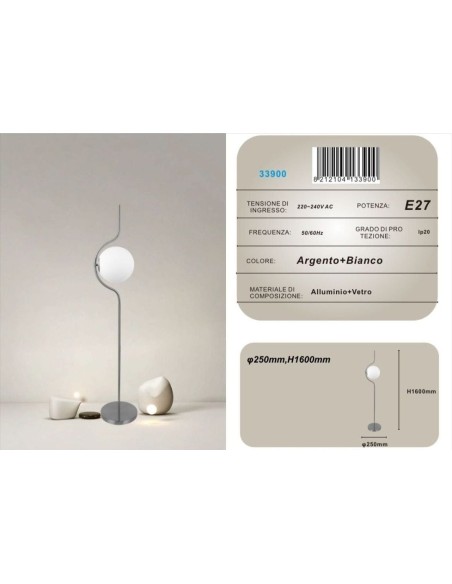Lampada da terra argento con sfera in vetro bianco piantana design moderno